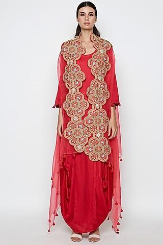 red embroidered dress with cape