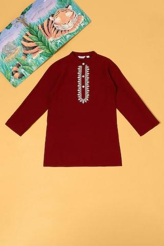 red embroidered ethnic band collar full sleeves boys straight fit kurta