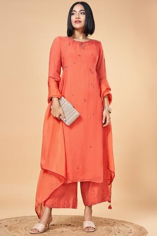 red embroidered ethnic round neck 3/4th sleeves calf-length women flared fit kurta pant dupatta set