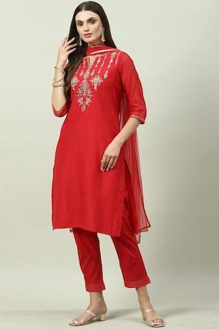 red embroidered ethnic v neck 3/4th sleeves ankle-length women straight fit pant kurta dupatta set