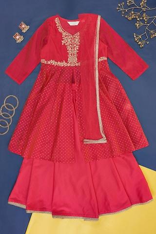 red embroidered full length  ethnic girls regular fit  churidar kurta dupatta set