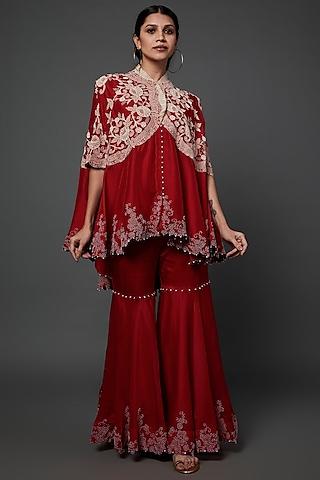 red embroidered gharara set