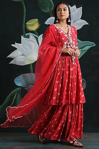 red embroidered gharara set