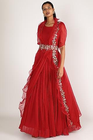 red embroidered gown with cape & belt