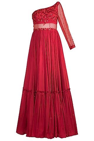 red embroidered gown with dupatta