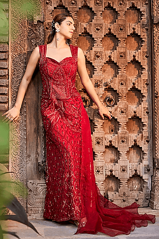red embroidered gown