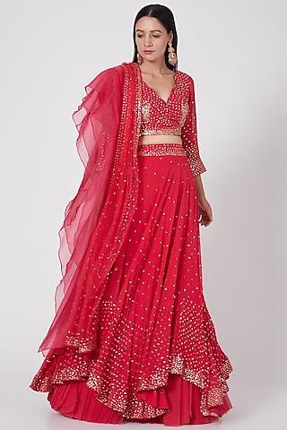 red embroidered handcrafted high-low lehenga set