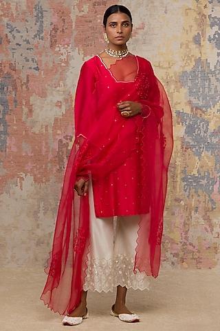 red embroidered handcrafted kurta set