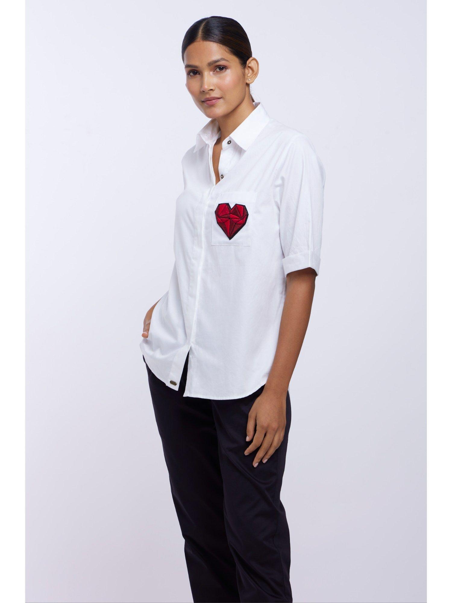 red embroidered heart white shirt