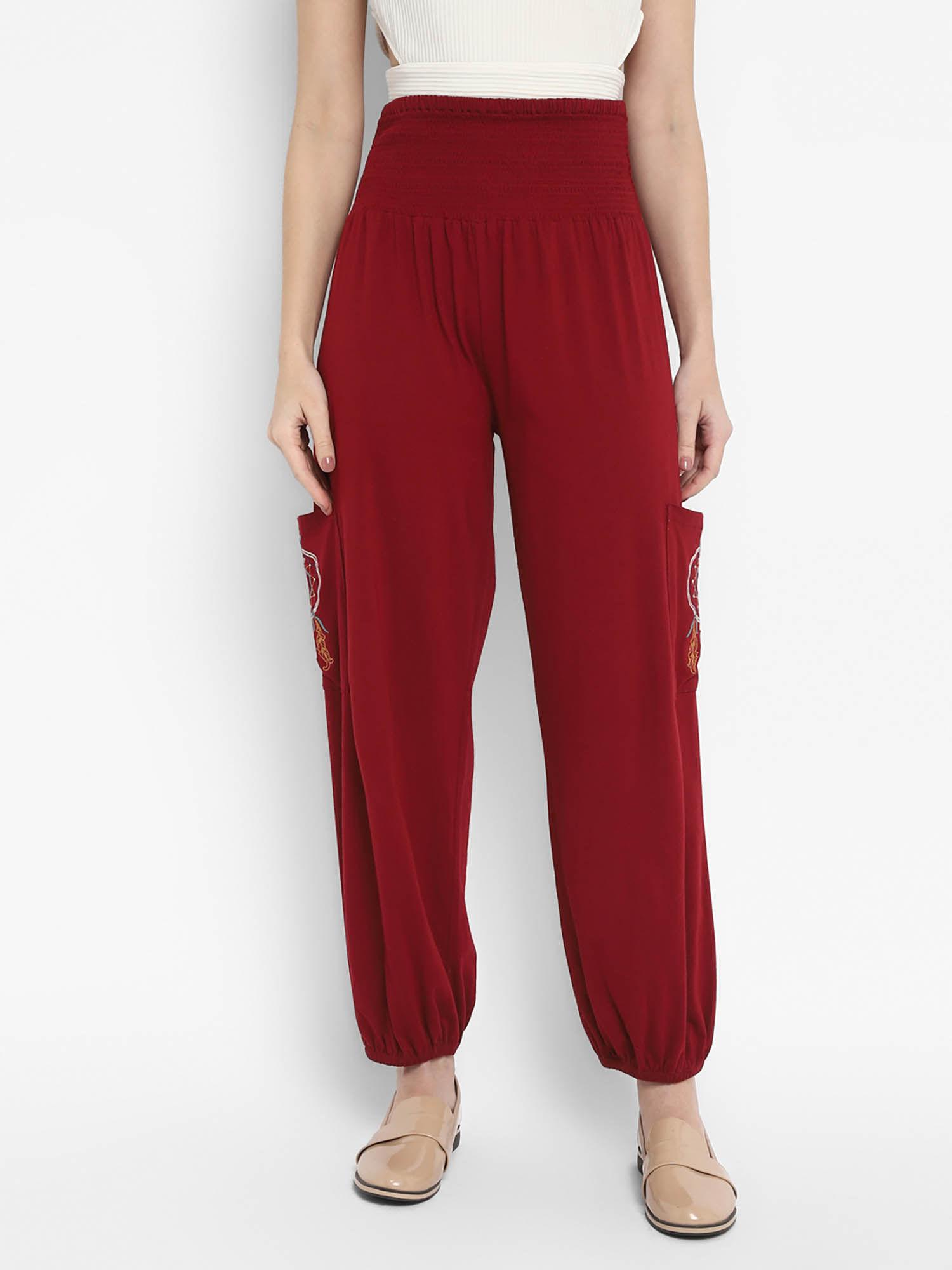 red embroidered jersey knit harem pants