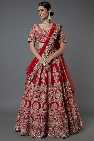 red embroidered jodhabai lehenga set