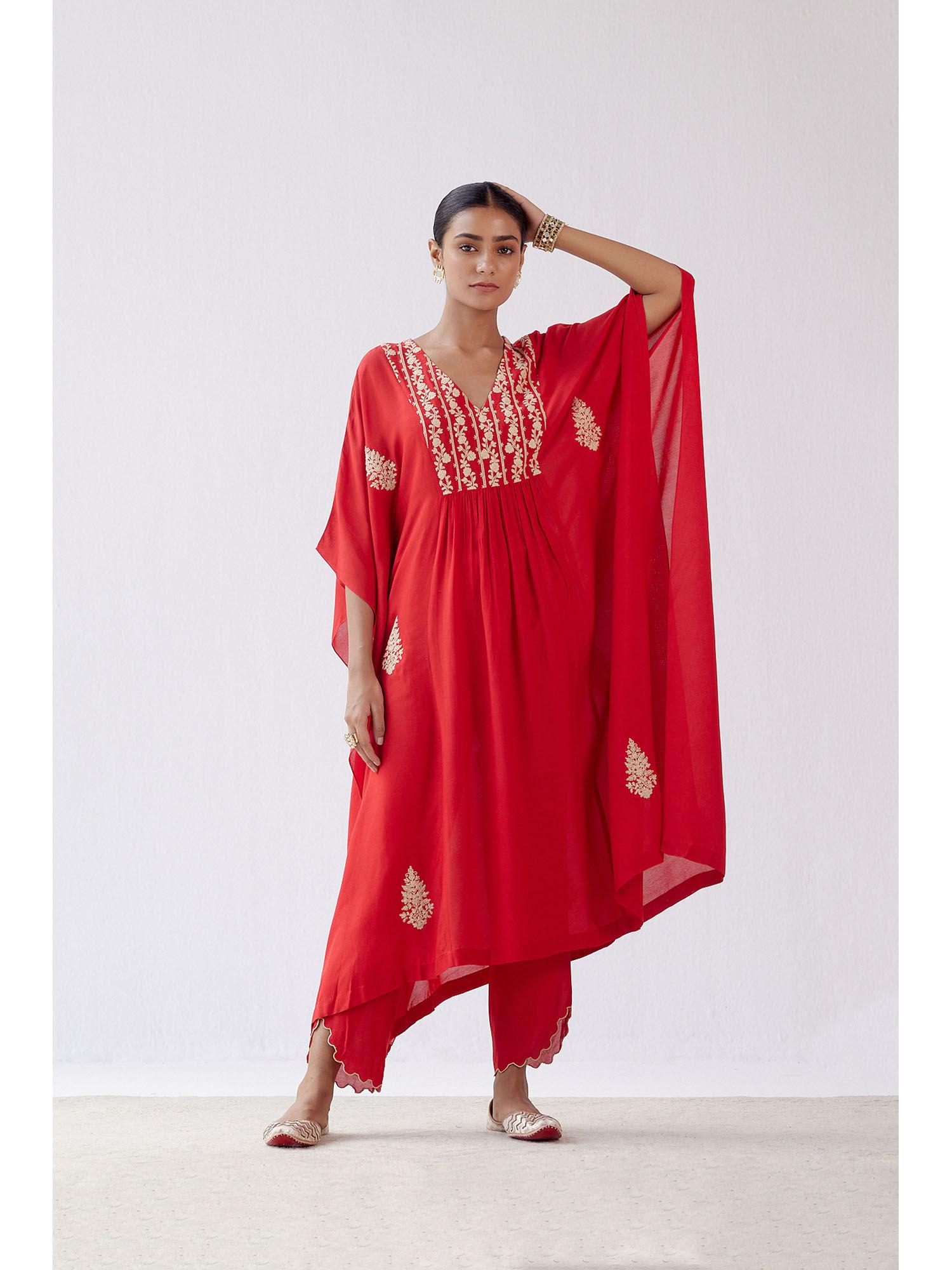 red embroidered kaftan and palazzo (set of 2)