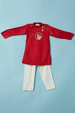 red embroidered kurta set for boys