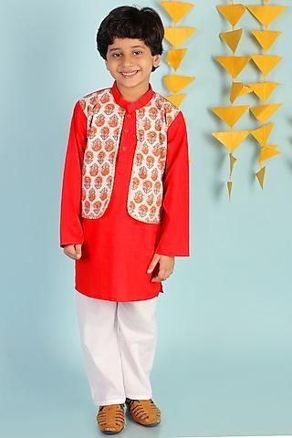 red embroidered kurta set for boys