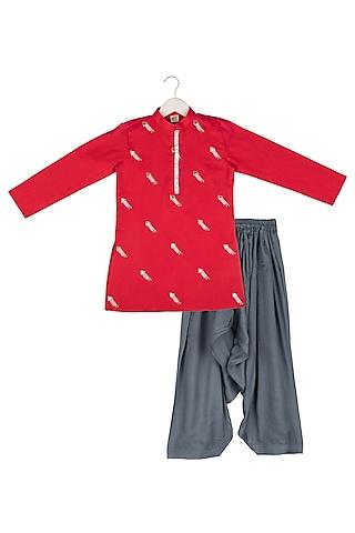red embroidered kurta set for boys