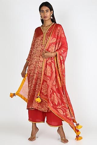 red embroidered kurta set