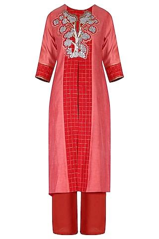 red embroidered kurta set