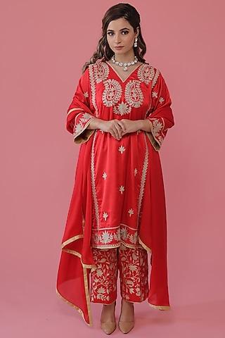 red embroidered kurta set