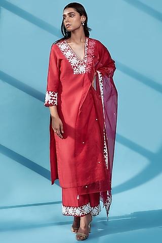 red embroidered kurta set