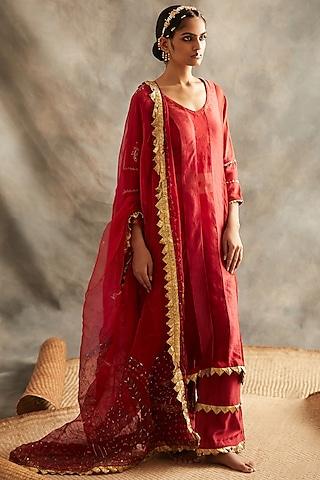 red embroidered kurta set