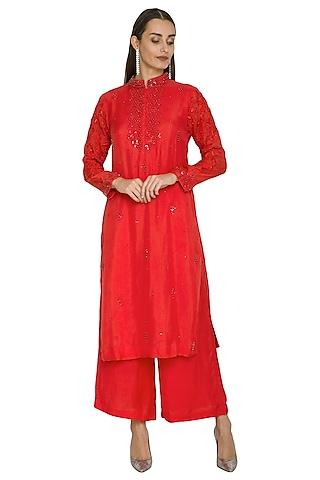 red embroidered kurta set