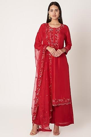 red embroidered kurta set