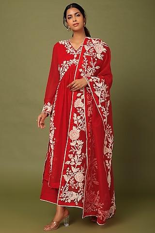 red embroidered kurta set