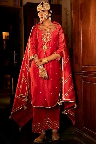 red embroidered kurta set