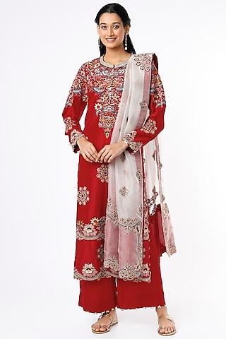 red embroidered kurta set