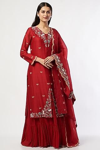 red embroidered kurta set