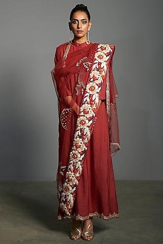 red embroidered kurta set