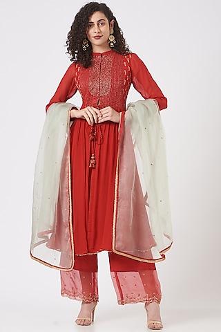 red embroidered kurta set