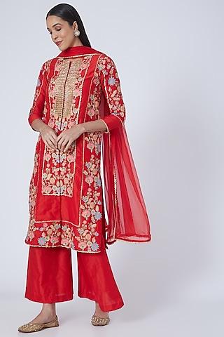 red embroidered kurta set