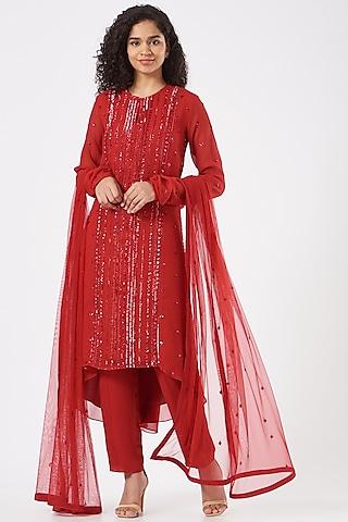 red embroidered kurta set