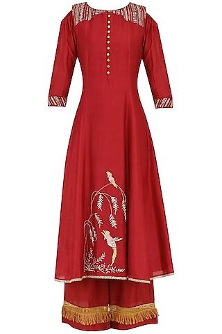 red embroidered kurta with palazzo pants