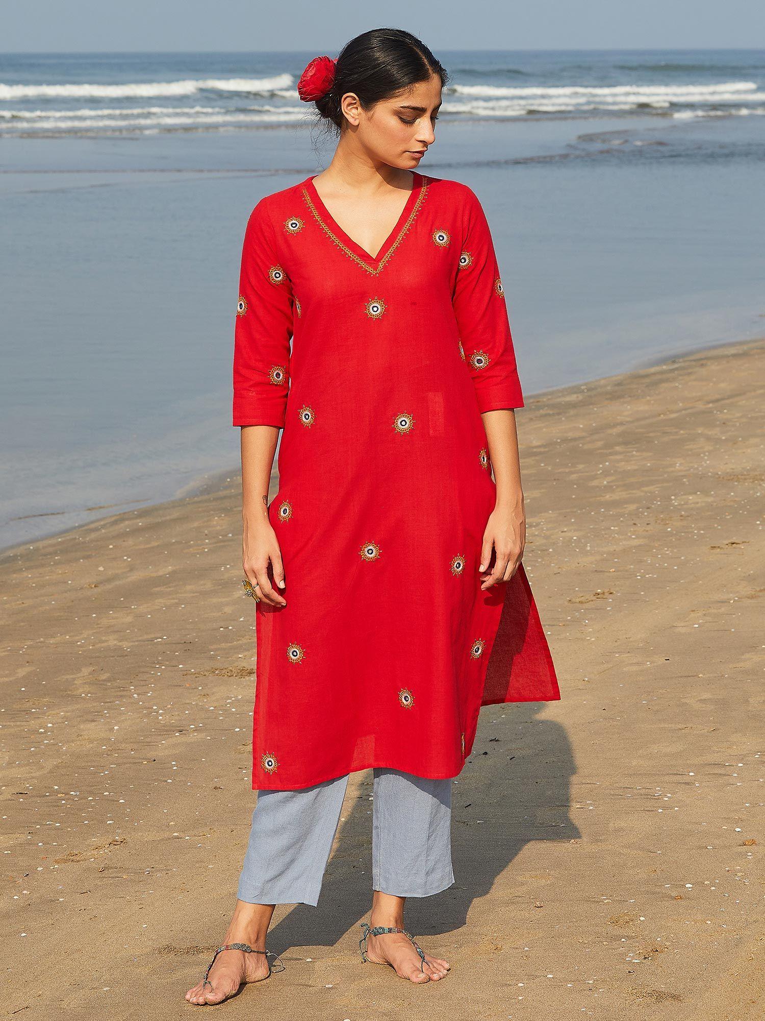 red embroidered kurta