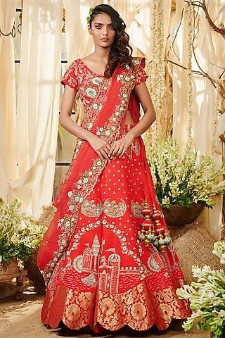 red embroidered lehenga set