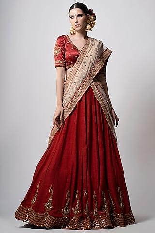 red embroidered lehenga set