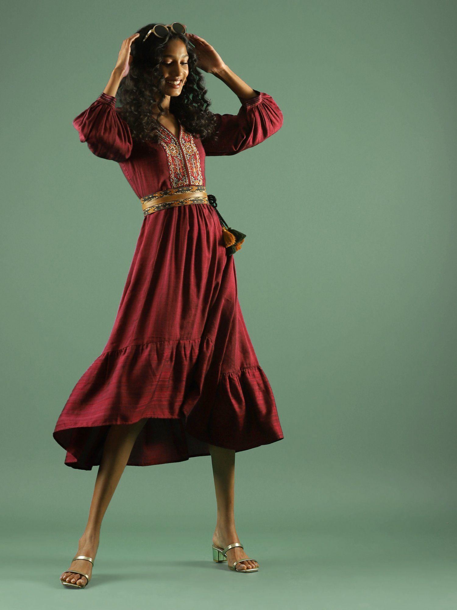 red embroidered long dress