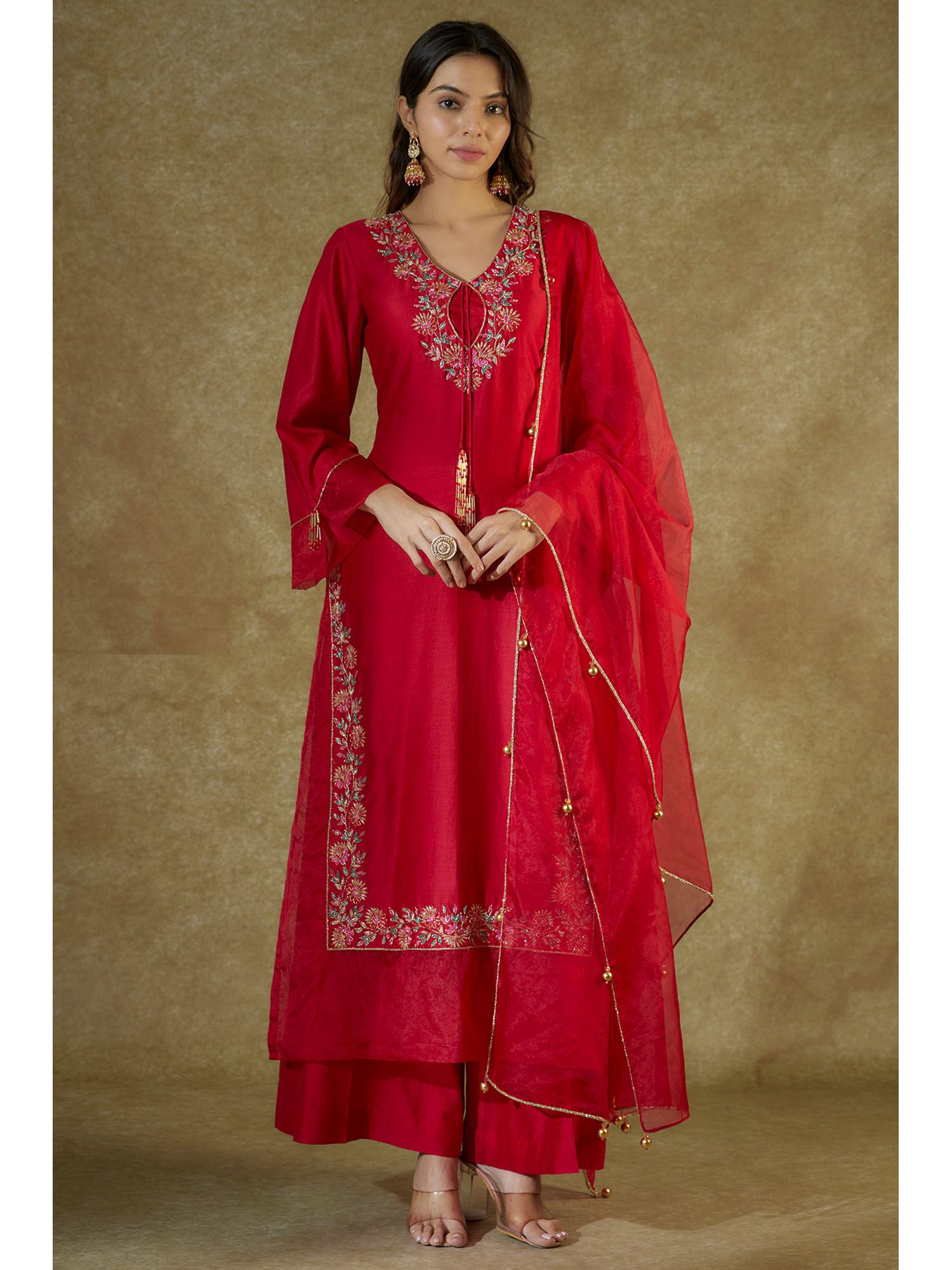 red embroidered organza panelled kurta and palazzo with dupatta