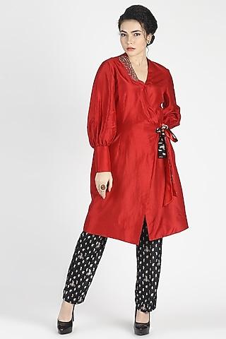 red embroidered overlapped tunic