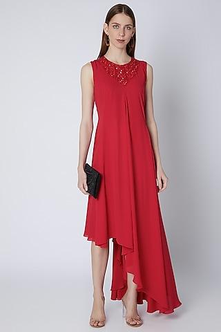 red embroidered panelled dress