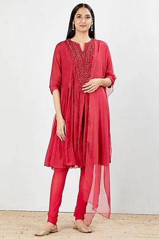 red embroidered panelled tunic set