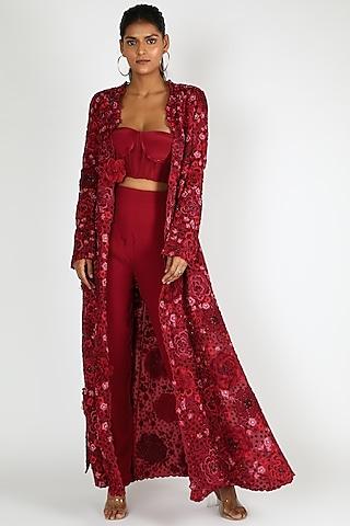 red embroidered pant set