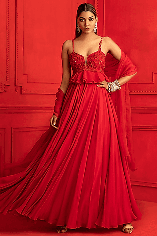 red embroidered peplum anarkali set