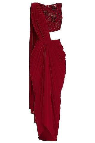 red embroidered pre-draped saree set
