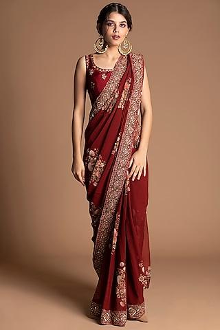 red embroidered pre-stitched saree set