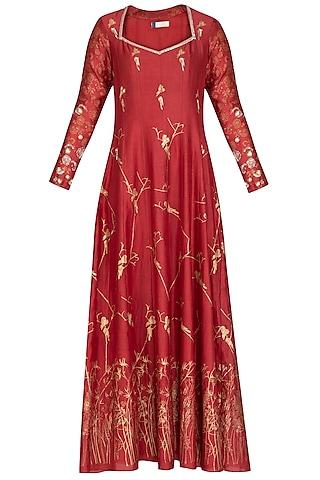 red embroidered printed anarkali with dupatta