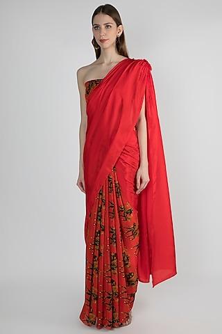 red embroidered printed saree set