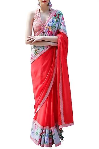 red embroidered printed saree set